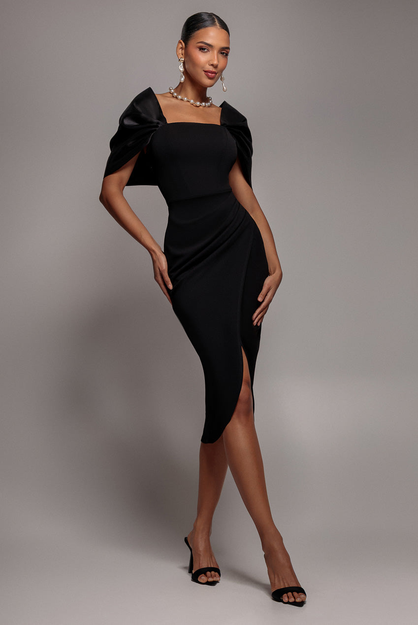 Off Shoulder Back Satin Bow Wrap Crepe Midi Dress - Black DR4939