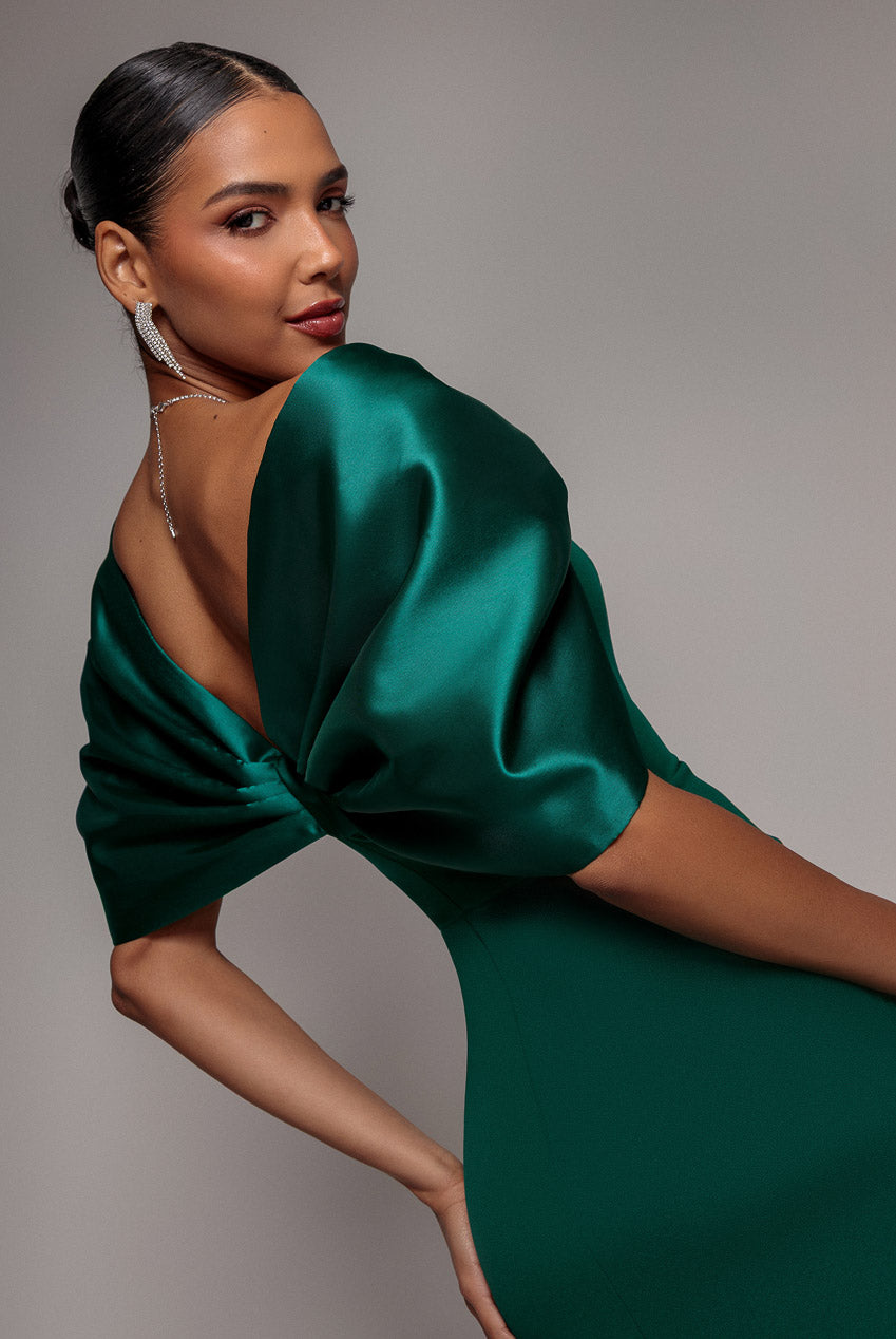 Off Shoulder Back Satin Bow Wrap Crepe Midi Dress - Emerald Green
