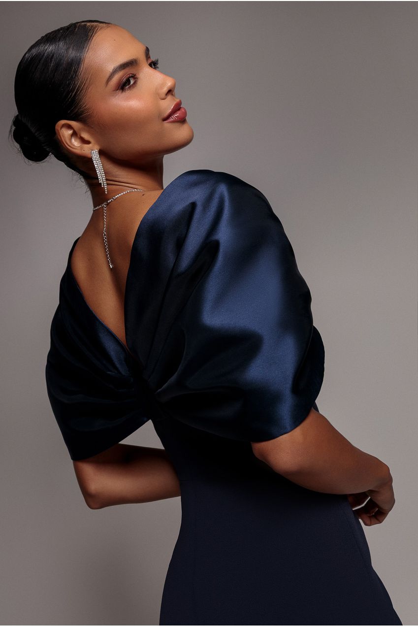 Off Shoulder Back Satin Bow Wrap Crepe Midi Dress - Navy Blue DR4939