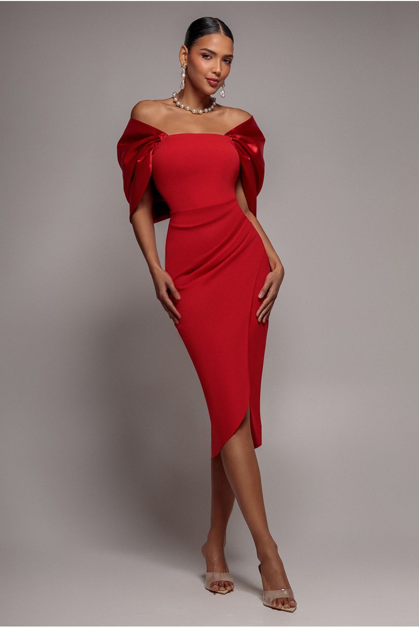 Off Shoulder Back Satin Bow Wrap Crepe Midi Dress - Red DR4939