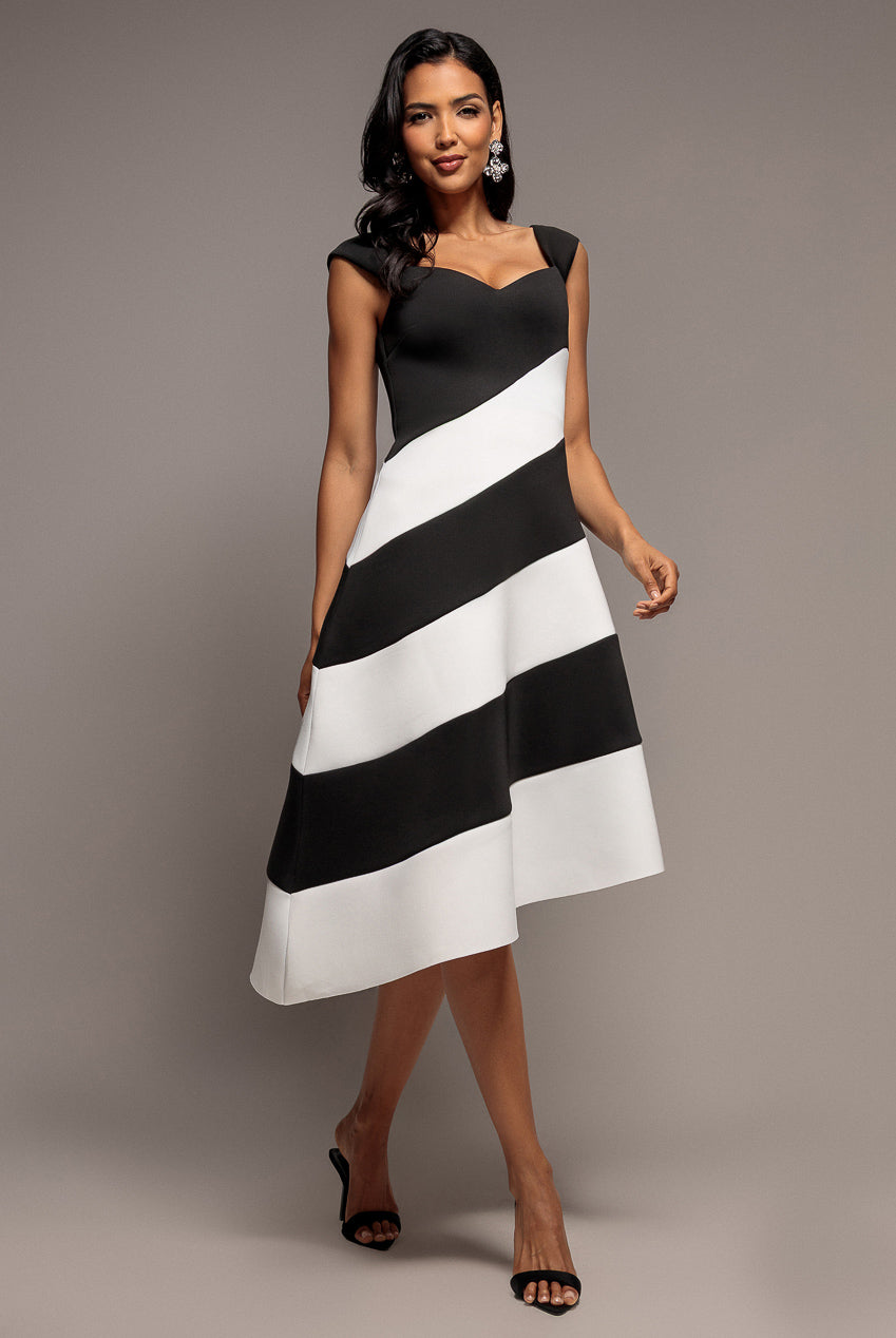 Striped Contrast Asymmetric Midi Dress - Black Cream DR4947