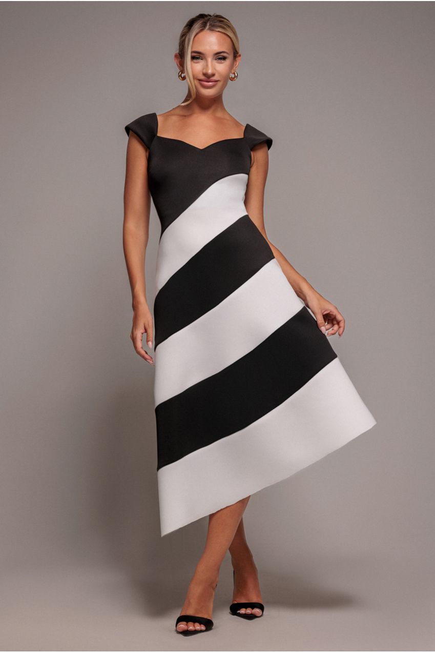 Striped Contrast Asymmetric Midi Dress - Black Cream DR4947