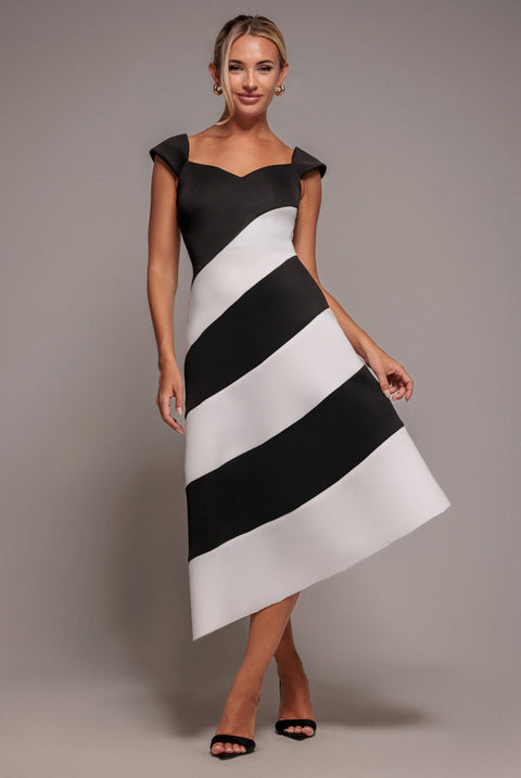 Striped Contrast Asymmetric Midi Dress - Black Cream by Goddiva