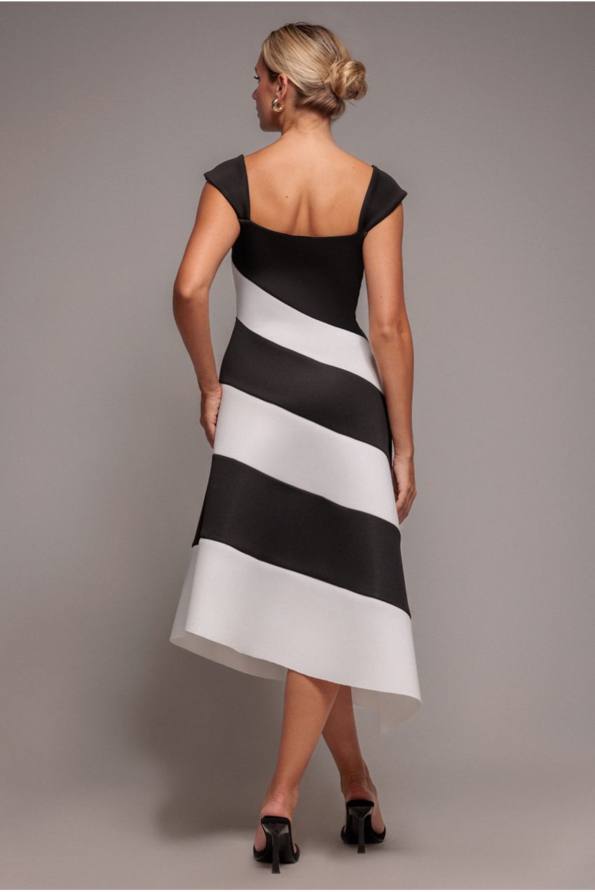 Striped Contrast Asymmetric Midi Dress - Black Cream DR4947