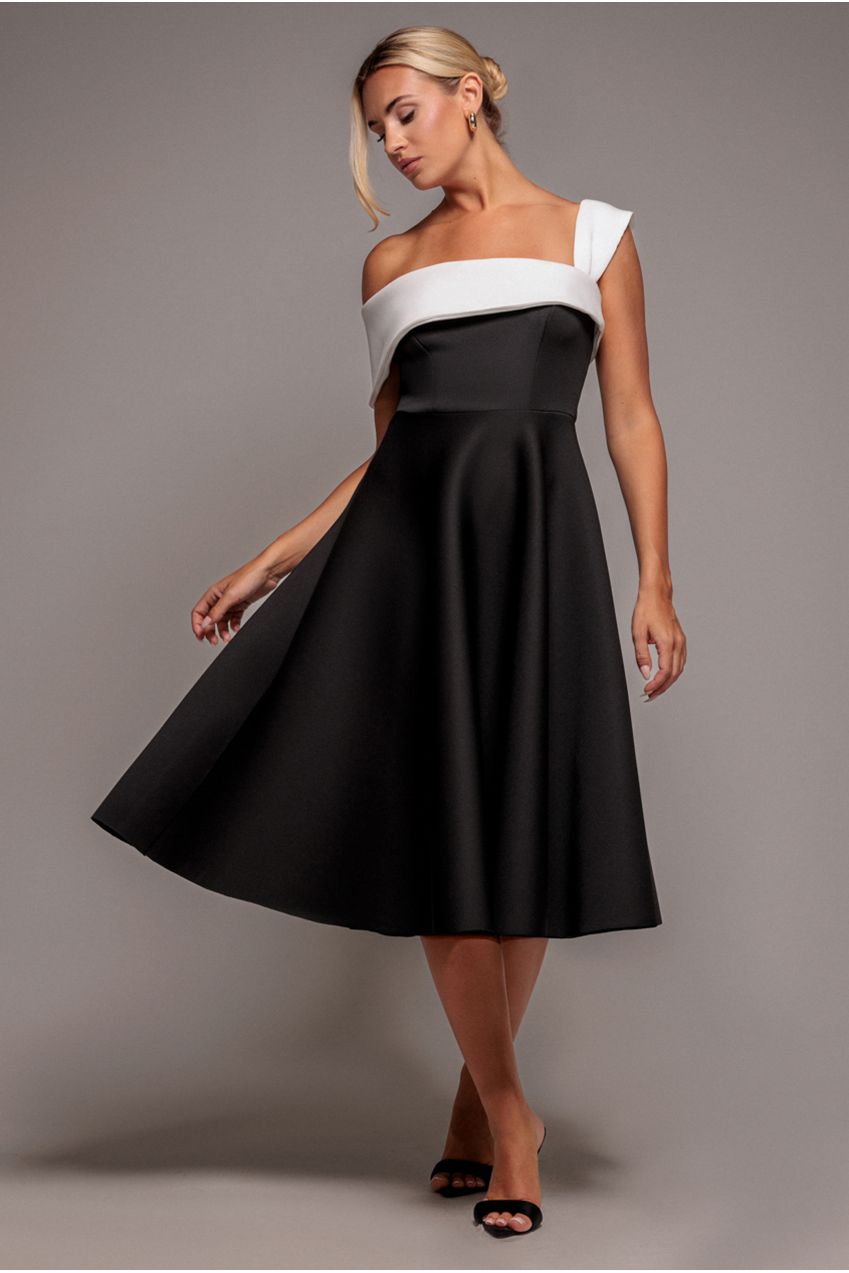 One Shoulder A Line Midi Dress - Black Cream DR4949