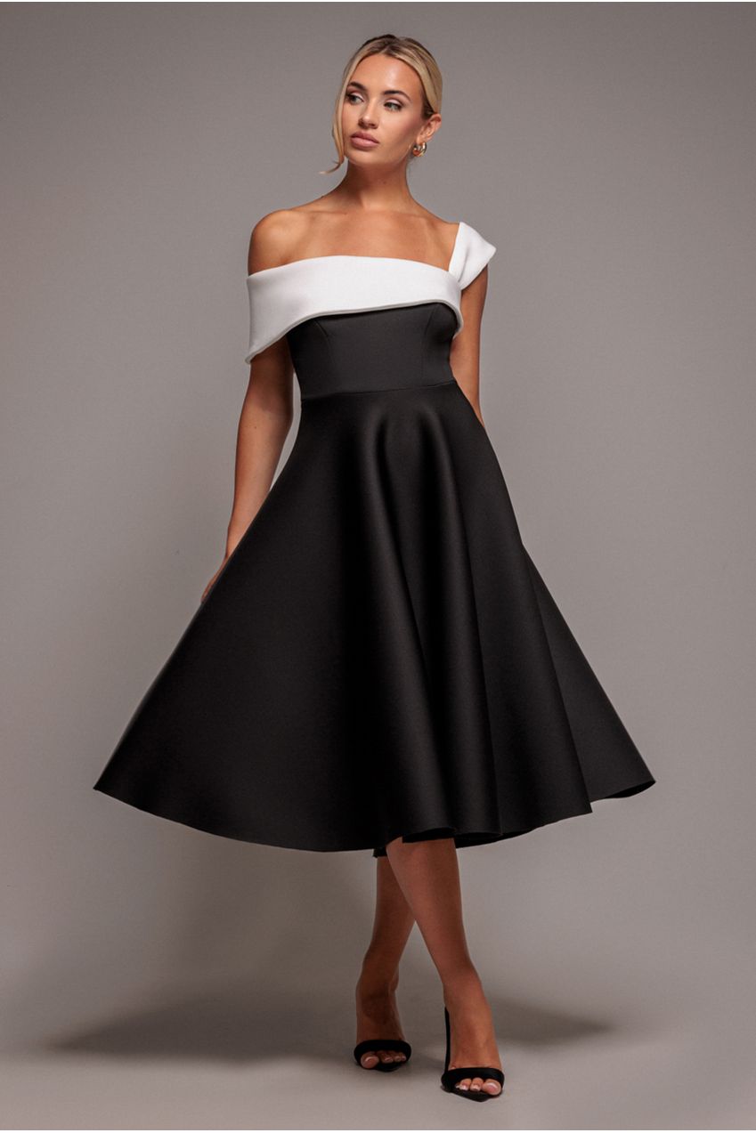 One Shoulder A Line Midi Dress - Black Cream DR4949