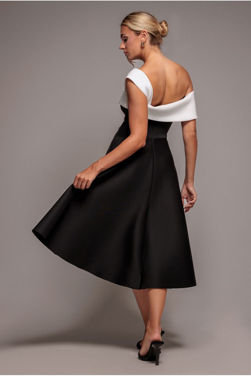 One Shoulder A Line Midi Dress - Black Cream DR4949