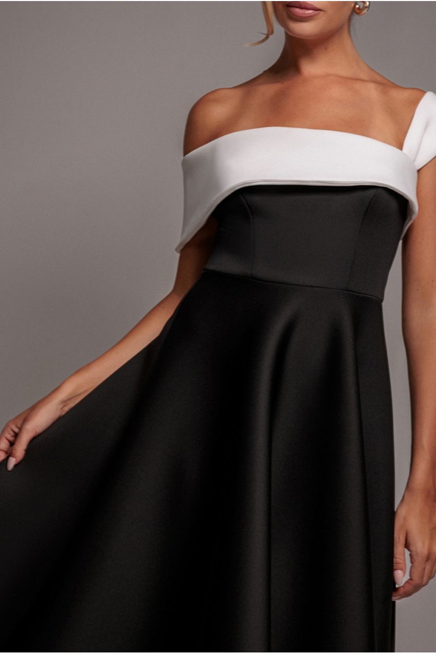 One Shoulder A Line Midi Dress - Black Cream DR4949