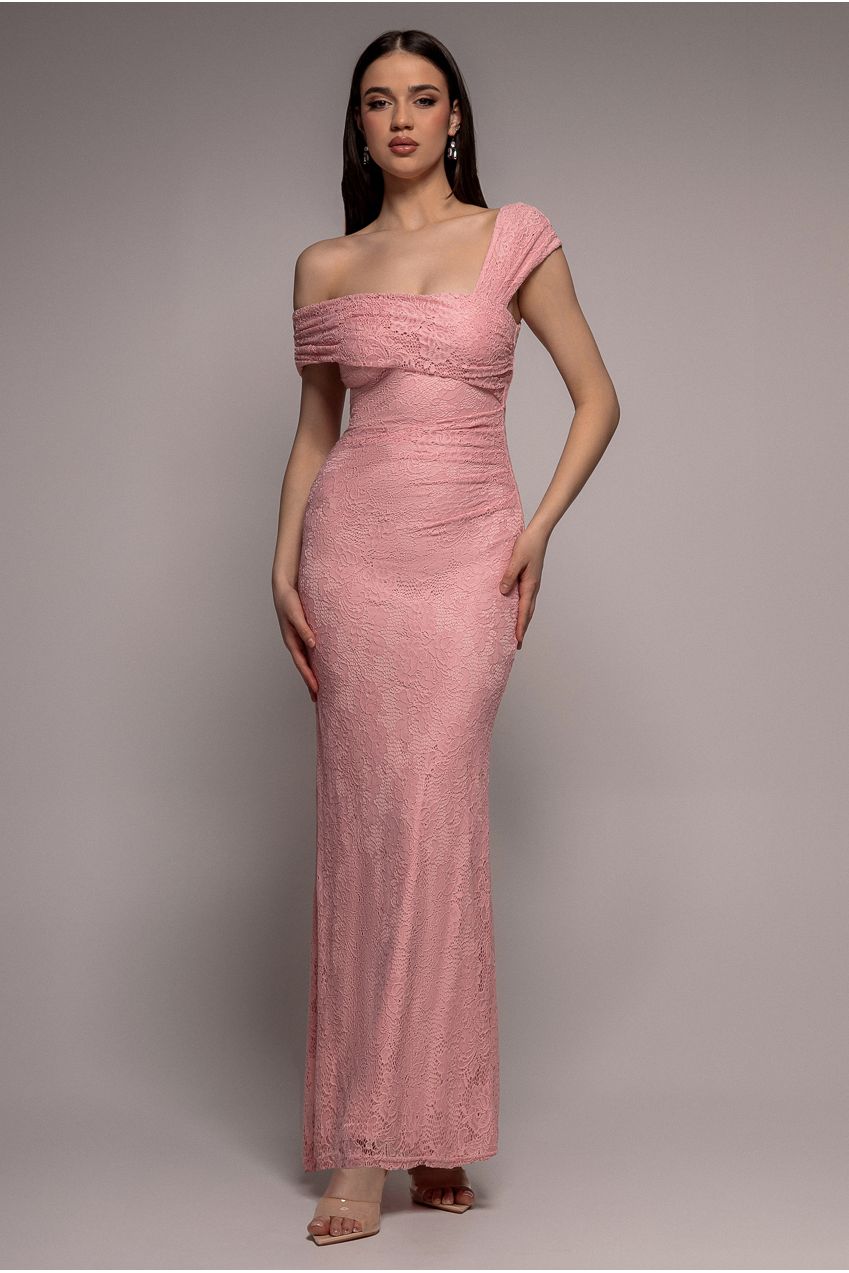 One Shoulder Pleated Bardot Lace Maxi Dress - Blush Pink DR4956