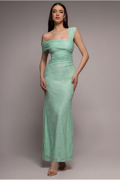 One Shoulder Pleated Bardot Lace Maxi Dress - Mint Green by Goddiva
