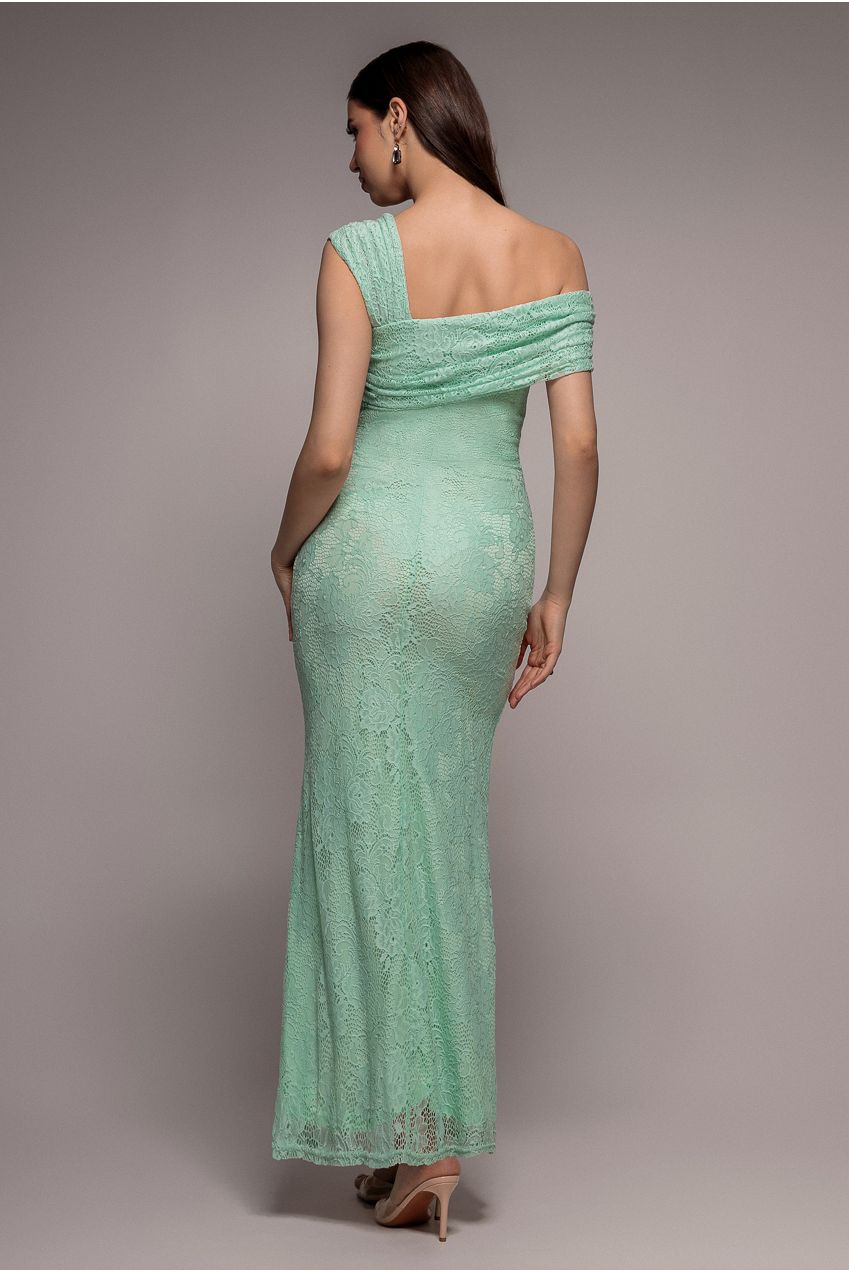 One Shoulder Pleated Bardot Lace Maxi Dress - Mint Green DR4956