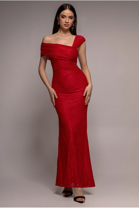 One Shoulder Pleated Bardot Lace Maxi Dress - Red by Goddiva