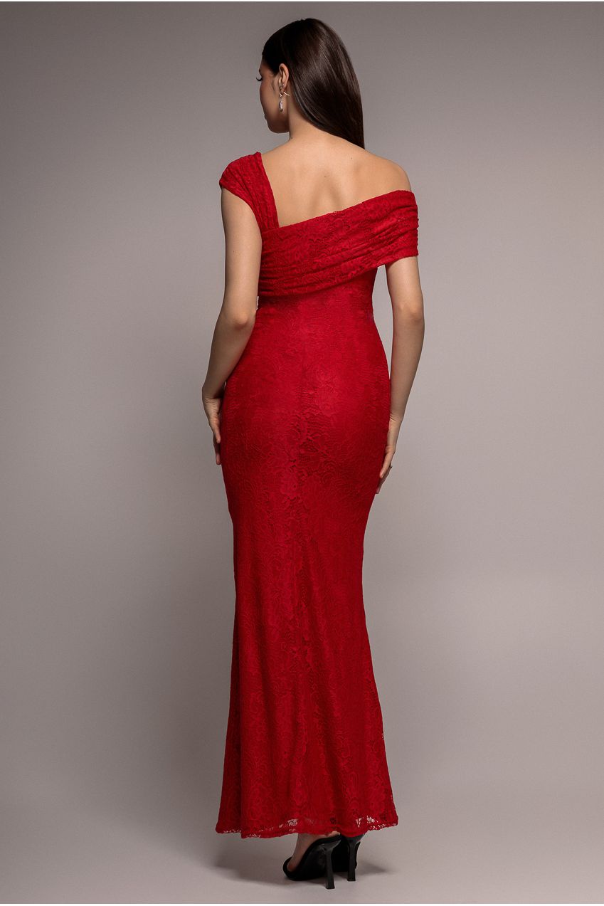 One Shoulder Pleated Bardot Lace Maxi Dress - Red DR4956