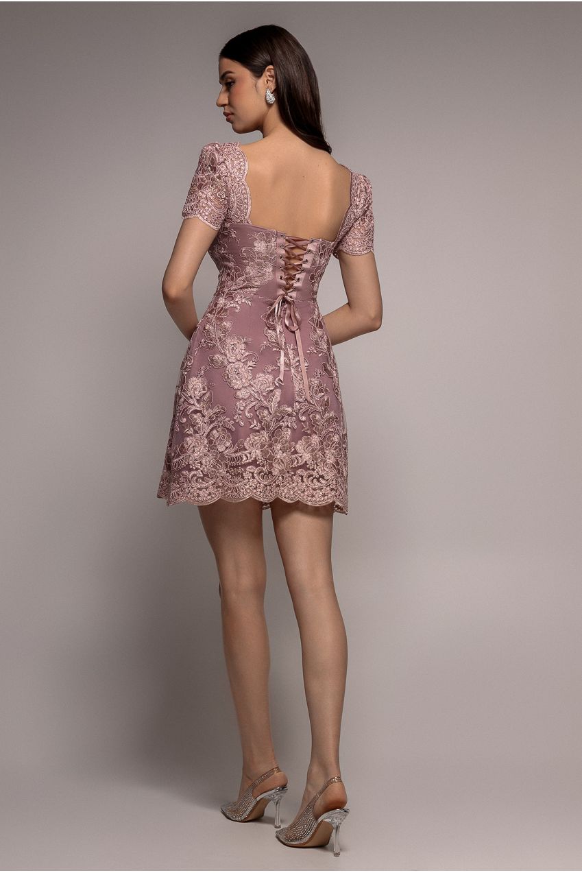 Scallop Edge Corset Back Structured Lace Mini Dress - Pink DR4966