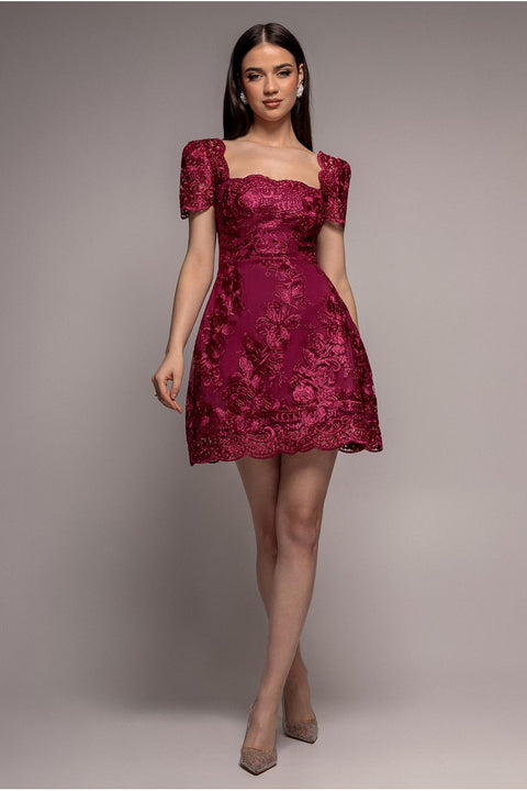 Scallop Edge Corset Back Structured Lace Mini Dress - Burgundy by Goddiva