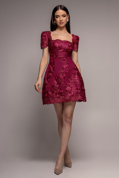 Scallop Edge Corset Back Structured Lace Mini Dress - Burgundy by Goddiva