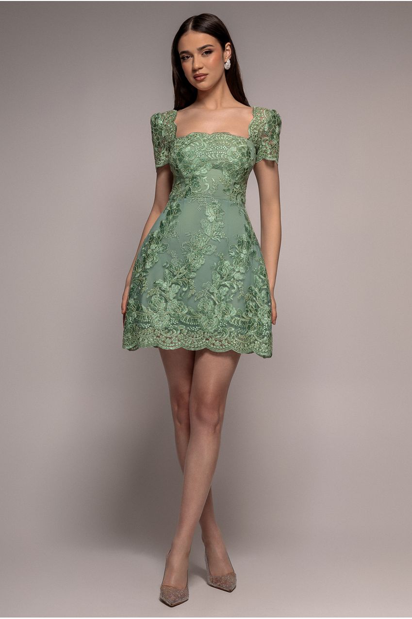 Scallop Edge Corset Back Structured Lace Mini Dress - Sage Green | Goddiva Scallop Edge Corset Back Structured Lace Mini Dress - Sage Green | Goddiva