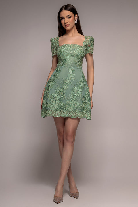Scallop Edge Corset Back Structured Lace Mini Dress - Sage Green by Goddiva