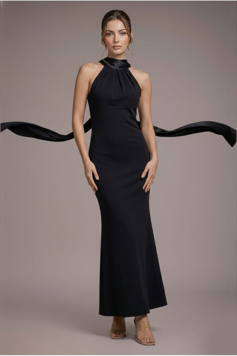 Petite Satin Multi-Tie Halterneck Maxi Dress - Black by Goddiva