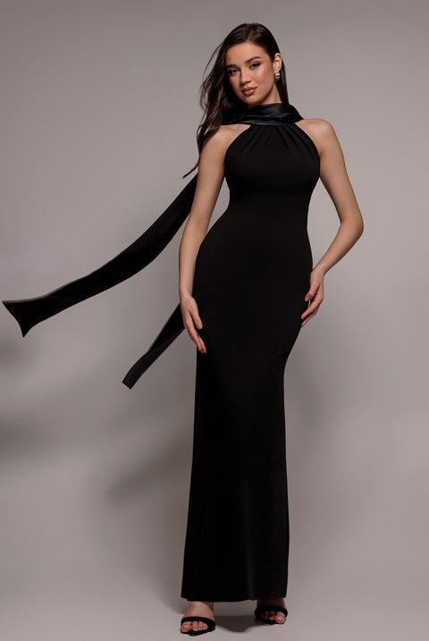 Satin Multi-Tie Halterneck Maxi Dress - Black by Goddiva