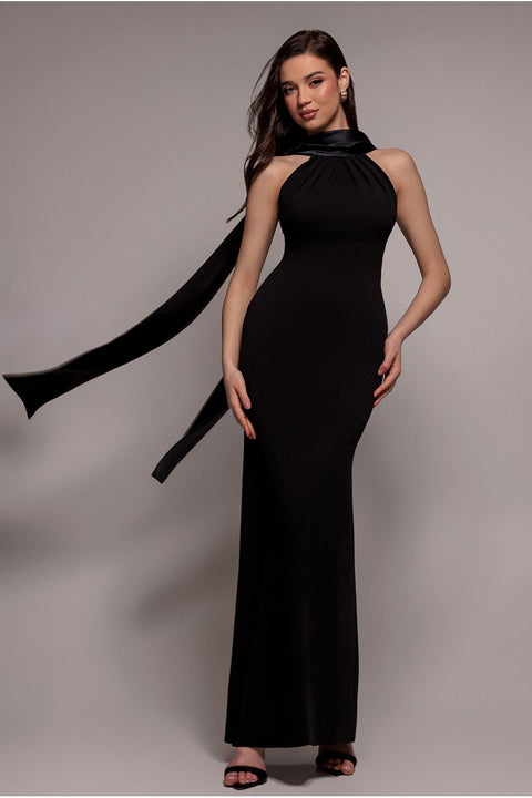 Satin Multi-Tie Halterneck Maxi Dress - Black by Goddiva