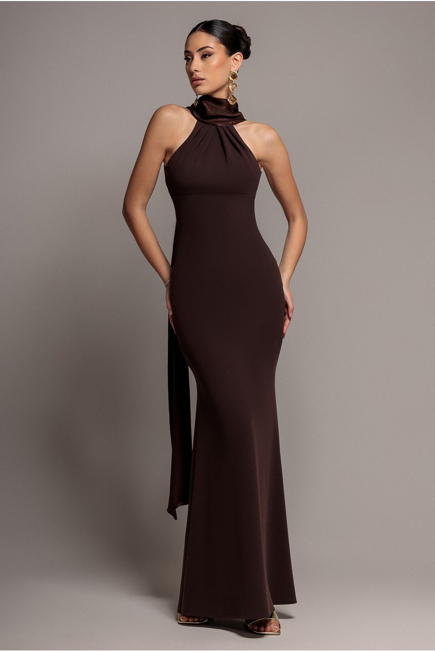 Scuba & Soft Satin Halterneck Maxi Dress With Back Sash - Brown DR4973