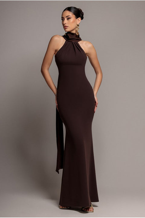 Scuba & Soft Satin Halterneck Maxi Dress With Back Sash - Brown by Goddiva