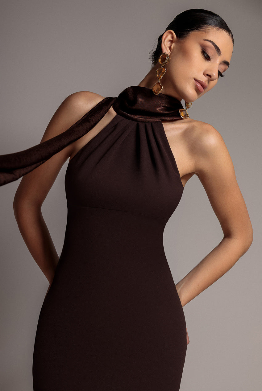 Scuba & Velvet Satin Cape Sleeve Halterneck Maxi Dress - Brown DR4973