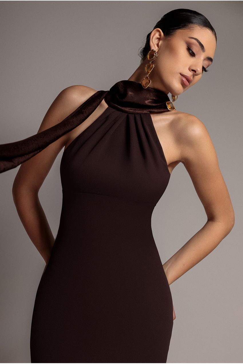 Scuba & Soft Satin Halterneck Maxi Dress With Back Sash - Brown DR4973