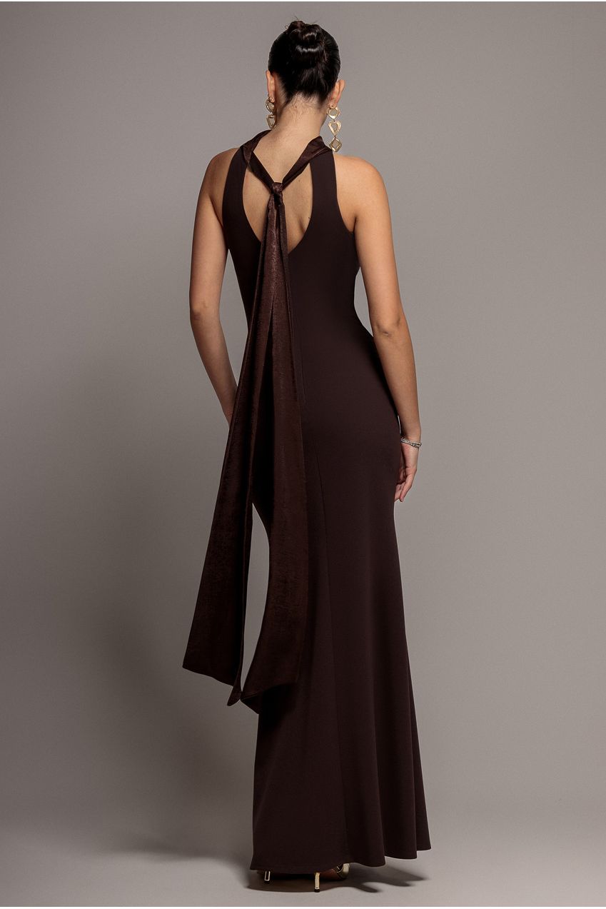 Scuba & Soft Satin Halterneck Maxi Dress With Back Sash - Brown DR4973