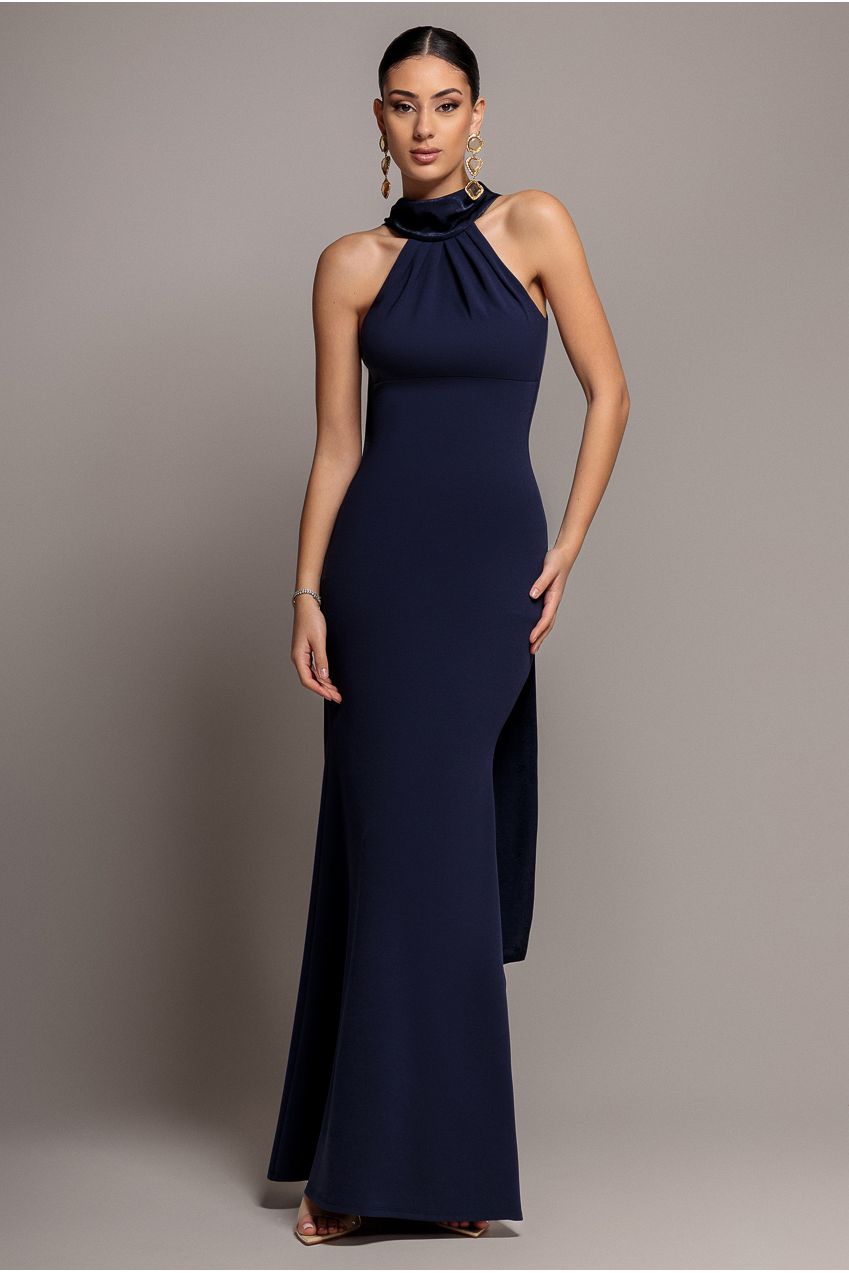 Scuba & Soft Satin Halterneck Maxi Dress With Back Sash - Navy Blue DR4973