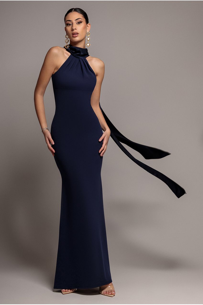 Scuba & Soft Satin Halterneck Maxi Dress With Back Sash - Navy Blue DR4973