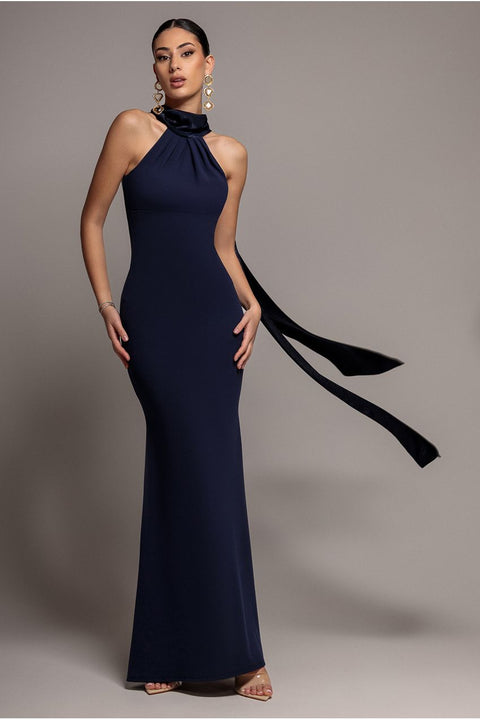 Scuba & Soft Satin Halterneck Maxi Dress With Back Sash - Navy Blue by Goddiva