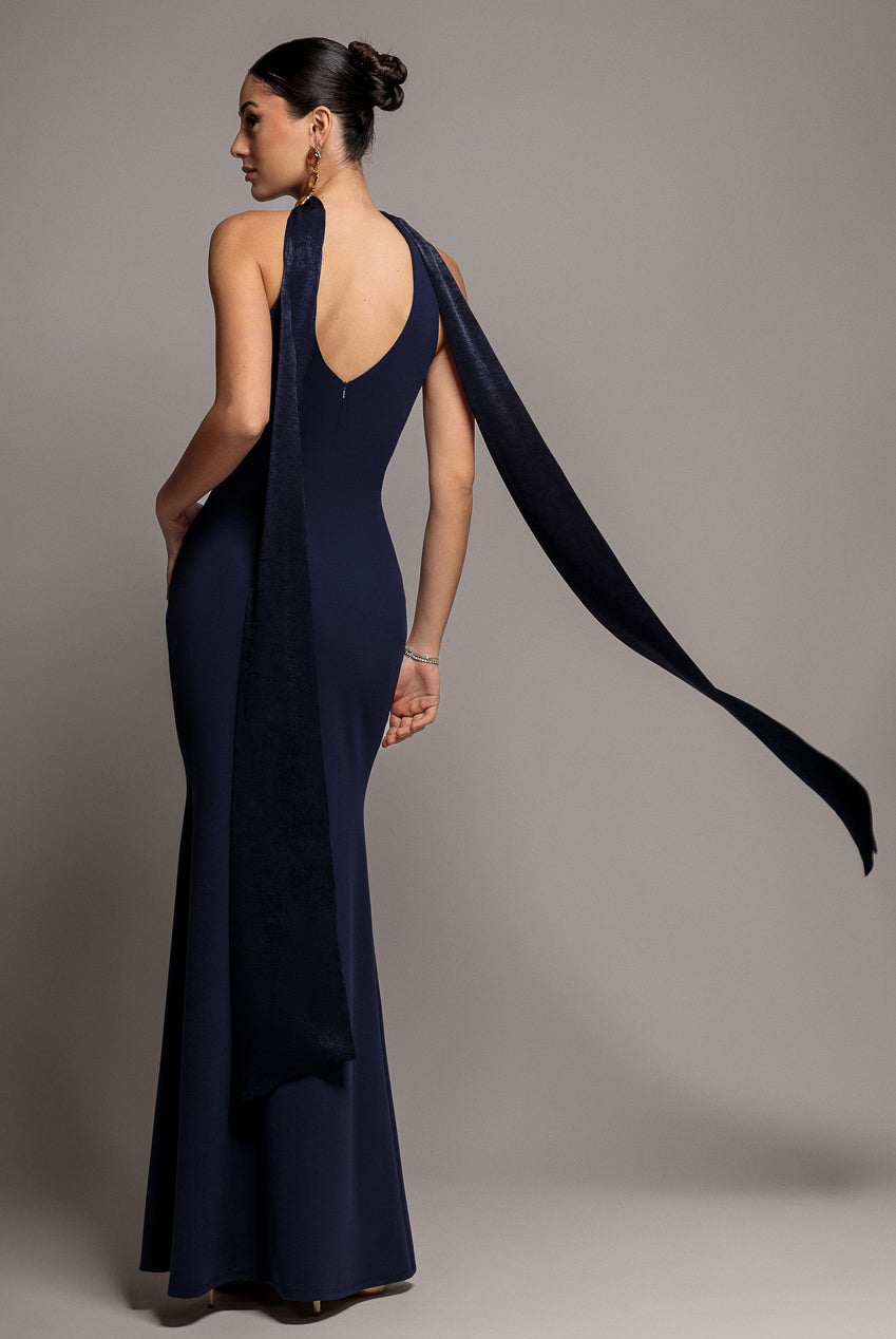 Scuba & Velvet Satin Cape Sleeve Halterneck Maxi Dress - Navy Blue DR4973