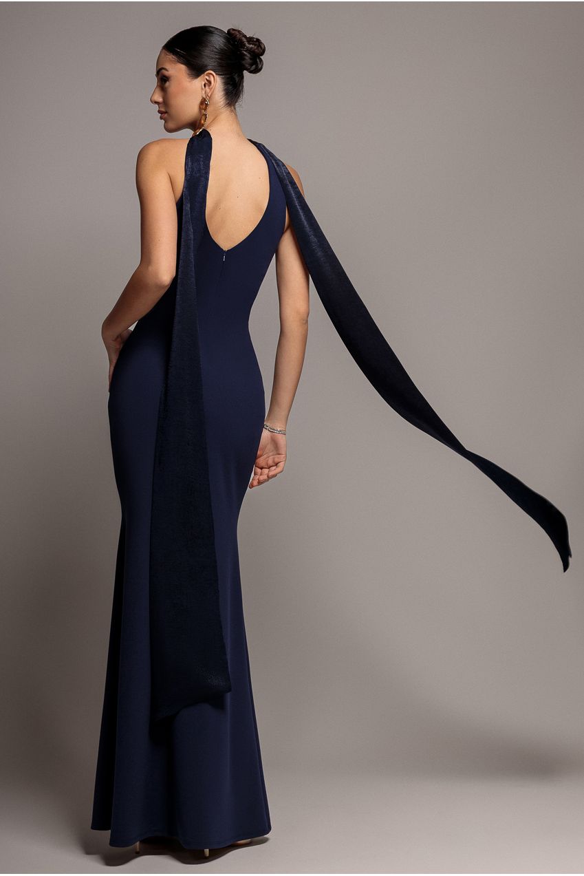 Scuba & Soft Satin Halterneck Maxi Dress With Back Sash - Navy Blue DR4973