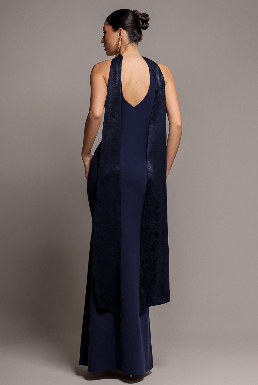 Scuba & Velvet Satin Cape Sleeve Halterneck Maxi Dress - Navy Blue DR4973
