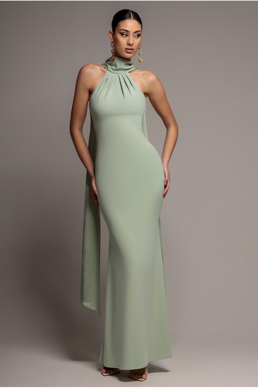 Scuba & Soft Satin Halterneck Maxi Dress With Back Sash - Sage Green DR4973