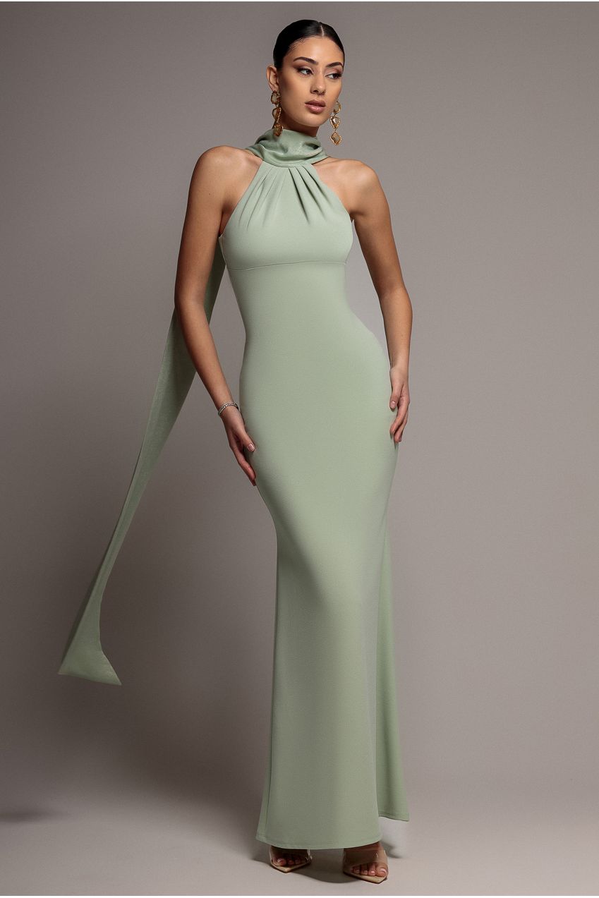 Scuba & Soft Satin Halterneck Maxi Dress With Back Sash - Sage Green DR4973