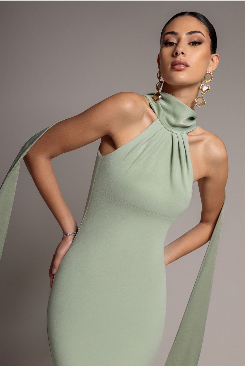 Scuba & Soft Satin Halterneck Maxi Dress With Back Sash - Sage Green DR4973