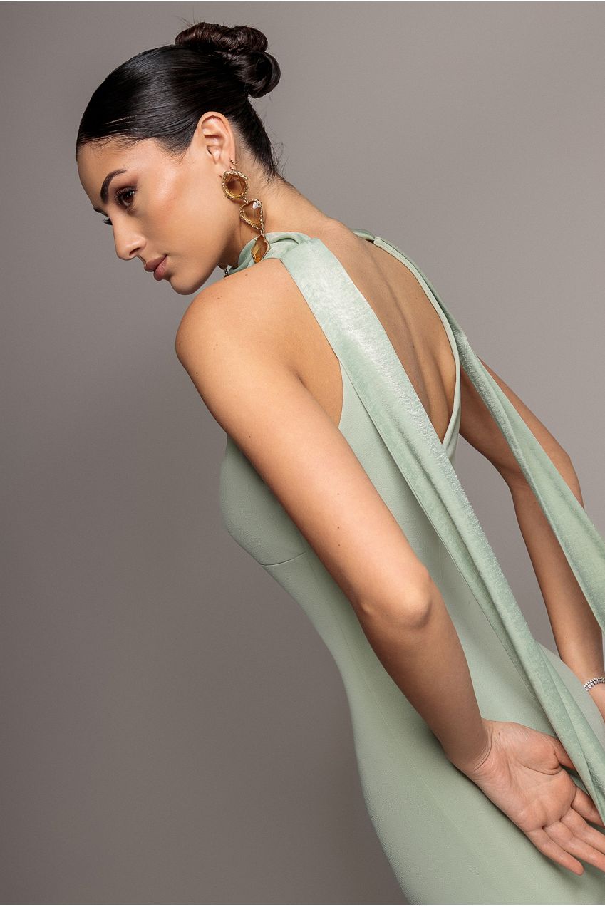 Scuba & Soft Satin Halterneck Maxi Dress With Back Sash - Sage Green DR4973