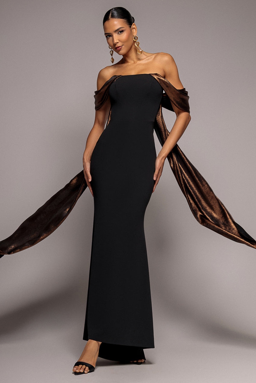 Off The Shoulder Mirror Foil Angel Wing Cape Maxi Dress - Black DR4980