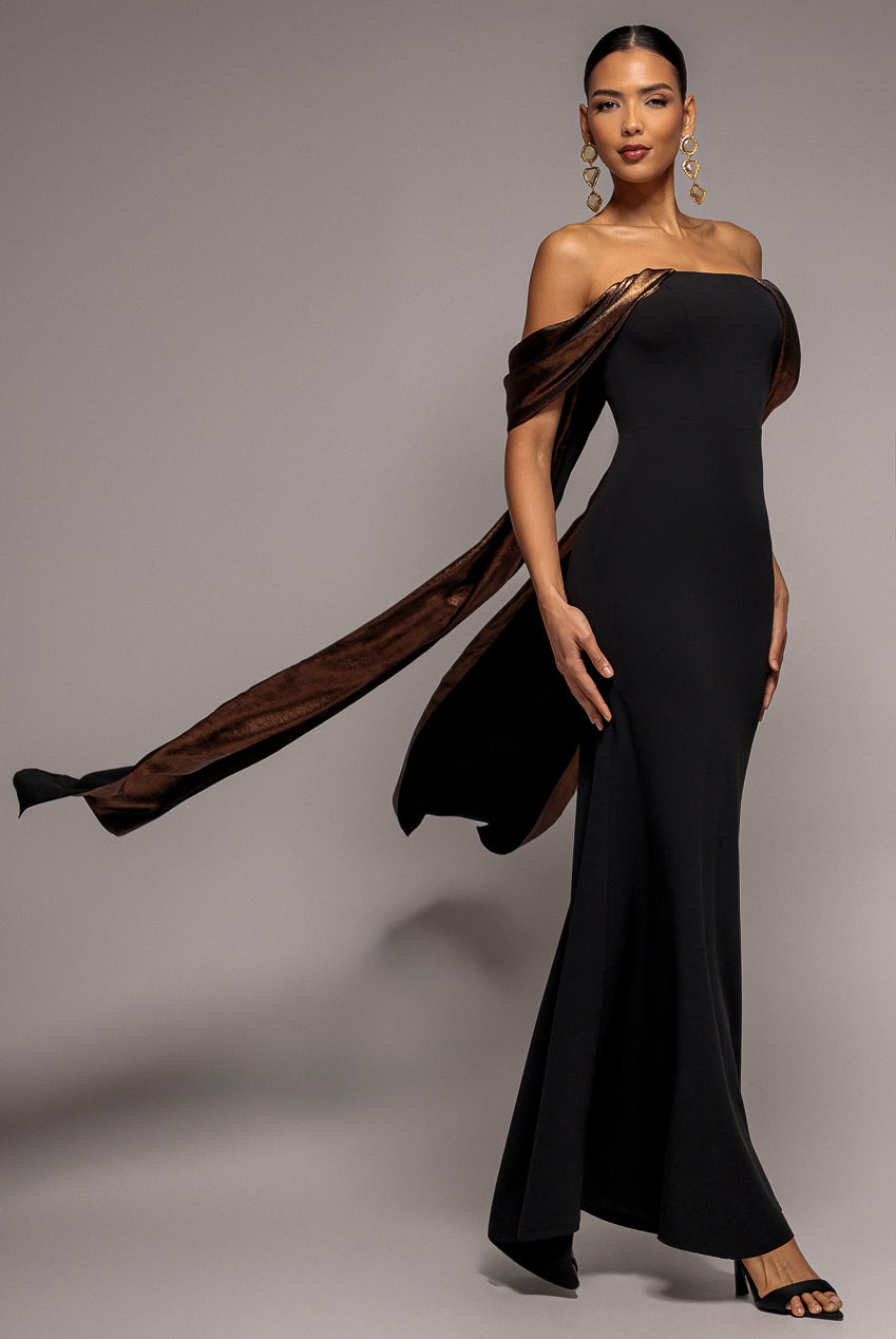 Off The Shoulder Mirror Foil Angel Wing Cape Maxi Dress - Black DR4980