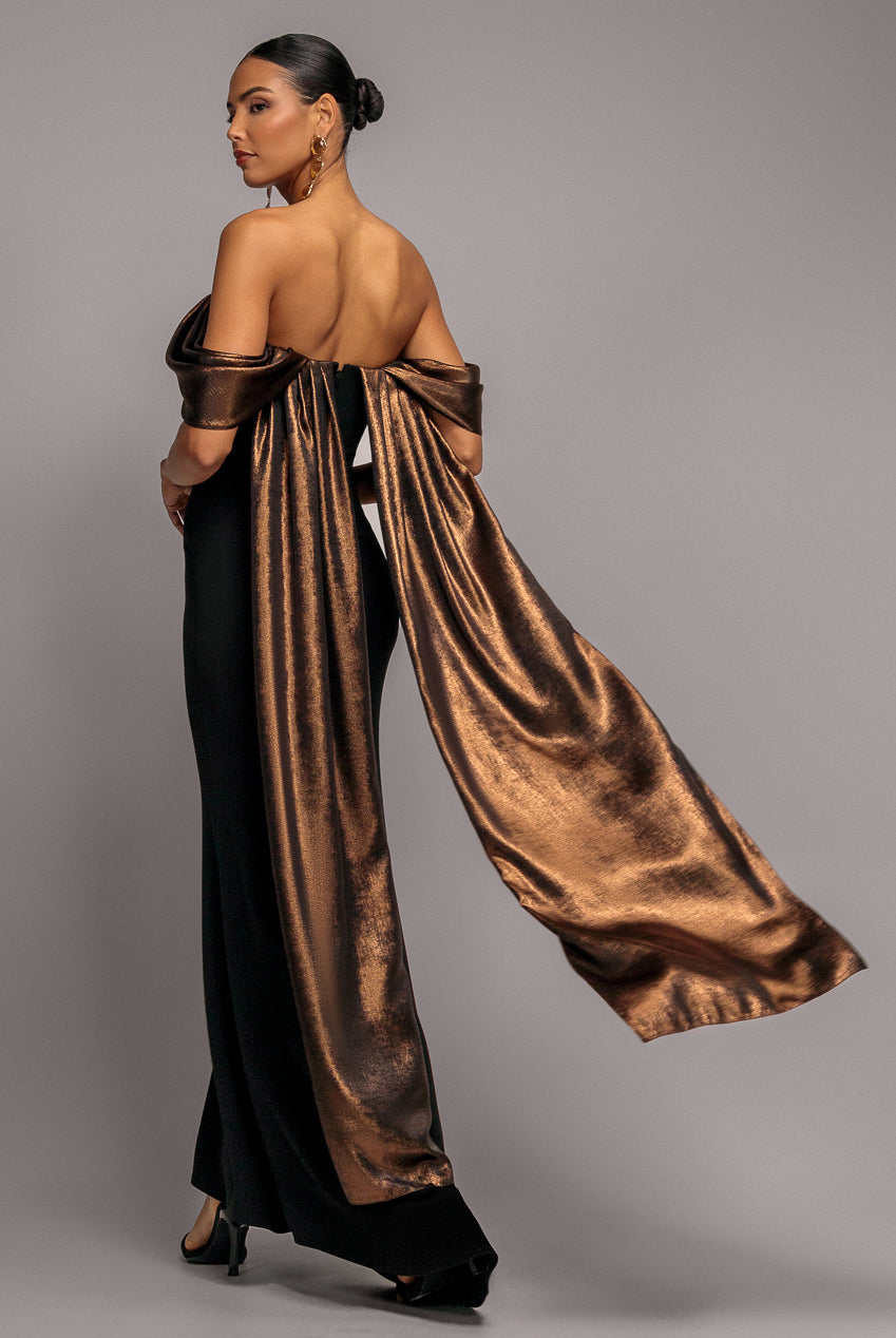 Off The Shoulder Mirror Foil Angel Wing Cape Maxi Dress - Black DR4980