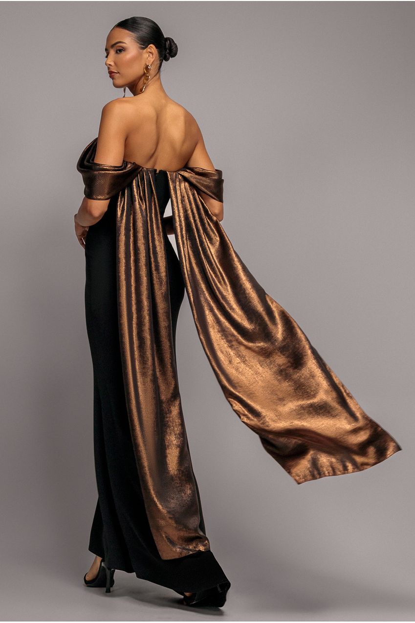 Off The Shoulder Mirror Foil Angel Wing Cape Maxi Dress - Black DR4980