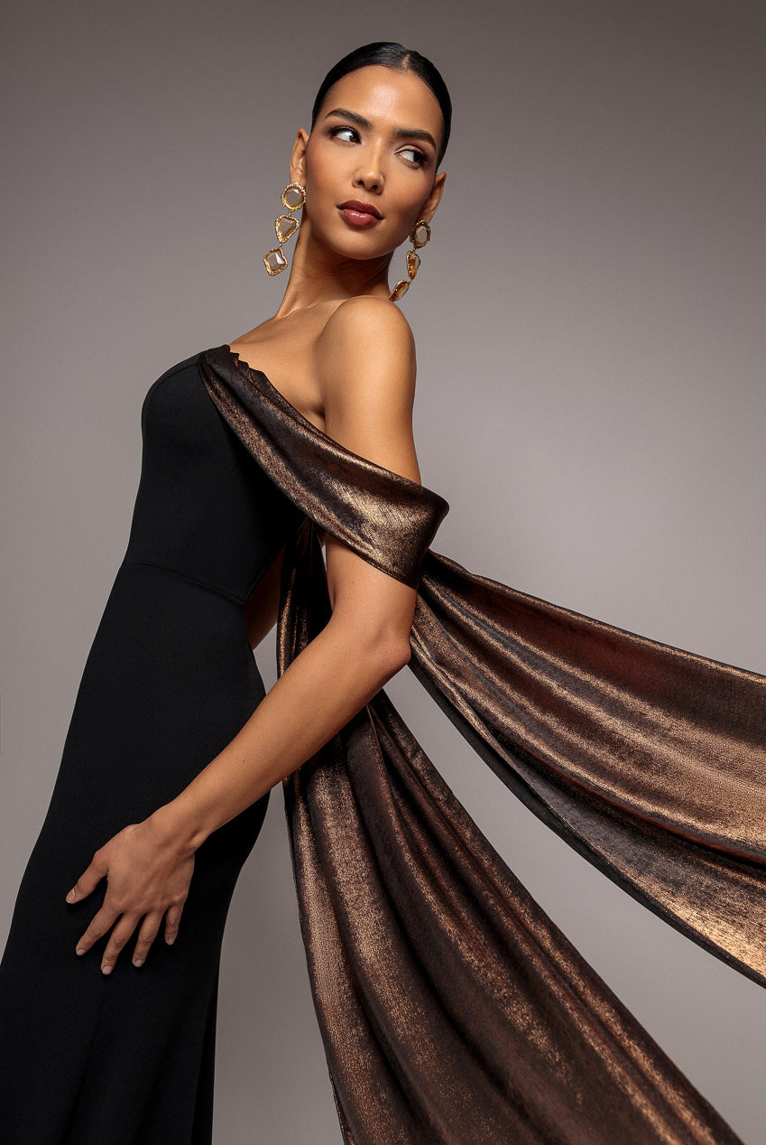 Off The Shoulder Mirror Foil Angel Wing Cape Maxi Dress - Black DR4980