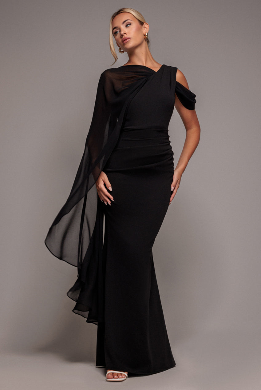 One Shoulder Chiffon Cape Crepe Maxi Dress - Black DR4982