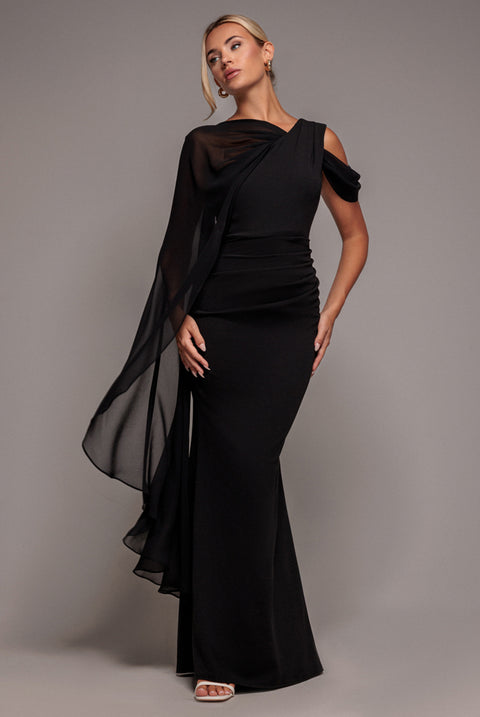 One Shoulder Chiffon Cape Crepe Maxi Dress - Black by Goddiva