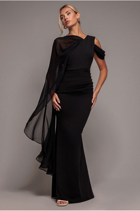 One Shoulder Chiffon Cape Crepe Maxi Dress - Black by Goddiva