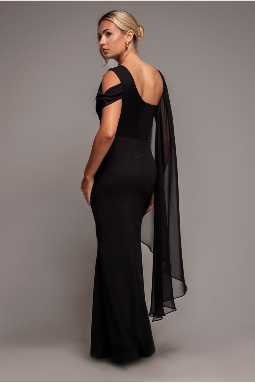 One Shoulder Chiffon Cape Crepe Maxi Dress - Black DR4982