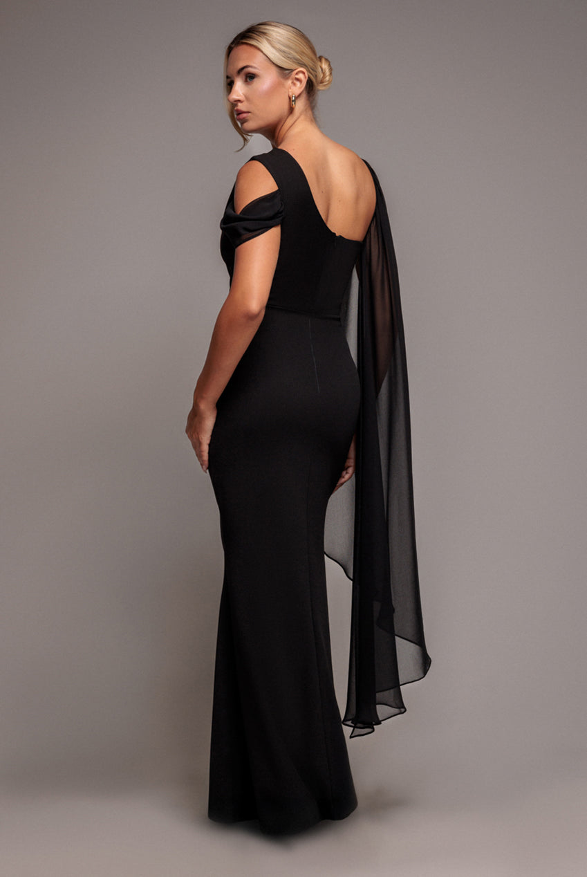 One Shoulder Chiffon Cape Crepe Maxi Dress - Black DR4982